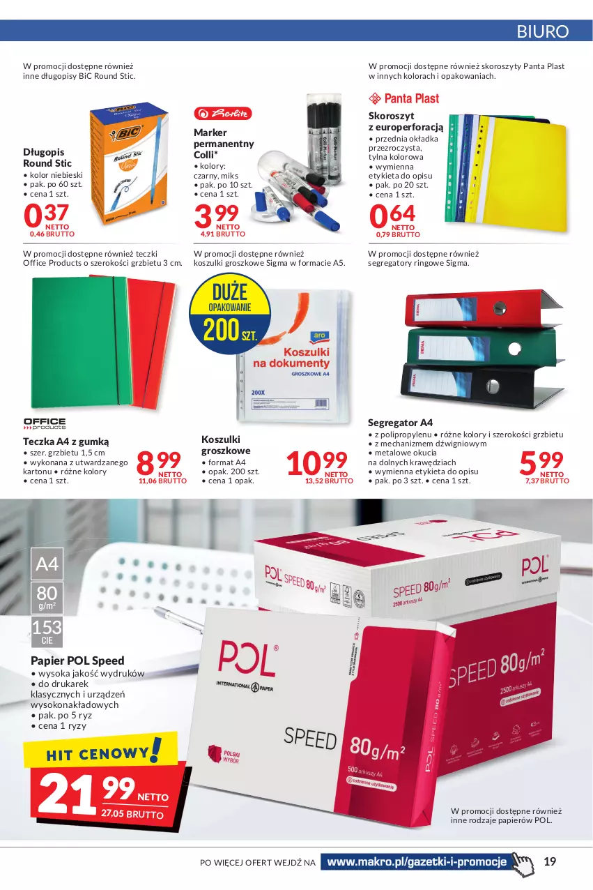 Gazetka promocyjna Makro - [Oferta promocyjna] Artykuły spożywcze i przemysłowe - ważna 22.03 do 04.04.2022 - strona 19 - produkty: BIC, Biuro, Długopis, Dźwig, Kosz, Marker, Papier, Sok