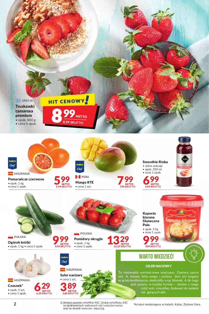 Gazetka promocyjna Makro - [Oferta promocyjna] Artykuły spożywcze i przemysłowe - ważna 22.03 do 04.04.2022 - strona 2 - produkty: Czosnek, Mango, Ogórek, Owoce, Pomarańcze, Pomidory, Por, Rioba, Sałat, Seler naciowy, Smoothie, Sok, Truskawki, Warzywa