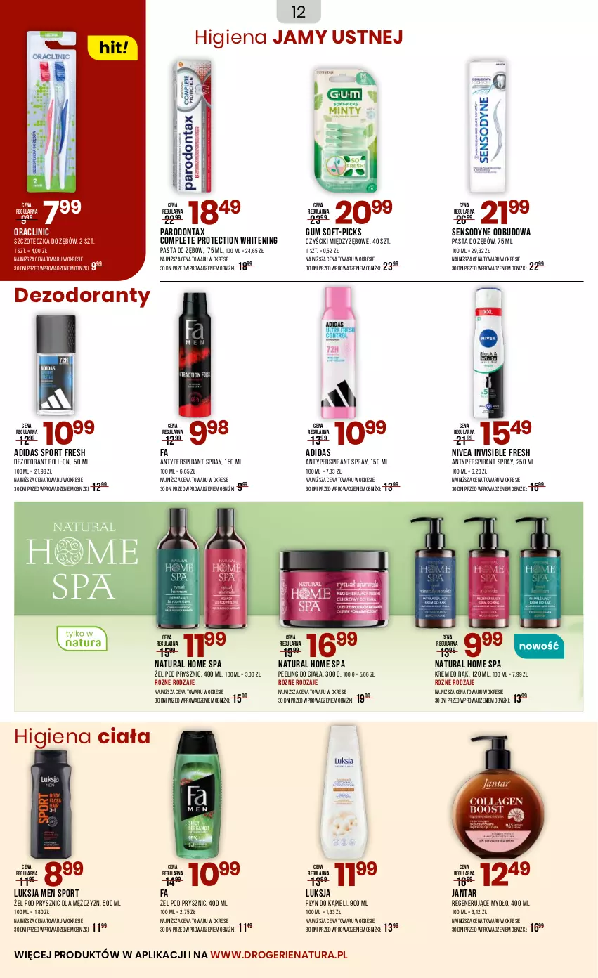 Gazetka promocyjna Drogerie Natura - Gazetka Drogerie Natura - ważna 04.08 do 21.08.2025 - strona 12 - produkty: Adidas, Antyperspirant, Clin, Dezodorant, Fa, Higiena jamy ustnej, Krem do rąk, Luksja, Mydło, Nivea, Parodontax, Pasta do zębów, Peeling, Płyn do kąpieli, Por, Sensodyne, Sport, Szczoteczka, Szczoteczka do zębów