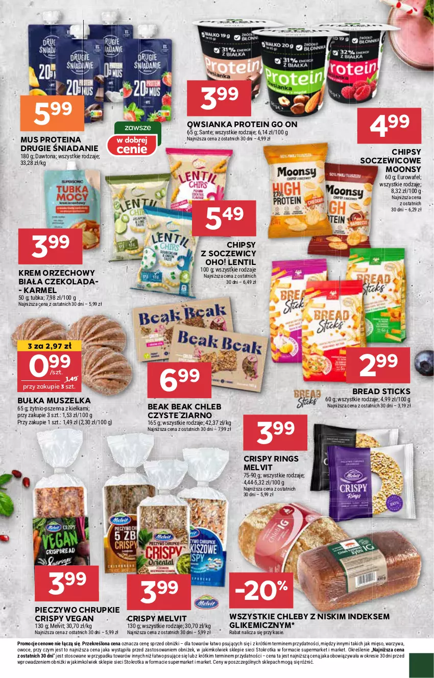 Gazetka promocyjna Stokrotka - Supermarket Opole/Radom - ważna 27.02 do 05.03.2025 - strona 15 - produkty: Bułka, Chipsy, Chleb, Chrupki, Czekolada, Krem orzechowy, Melvit, Mięso, Mus, Owoce, Owsianka, Piec, Pieczywo, Pieczywo chrupkie, Sante, Warzywa