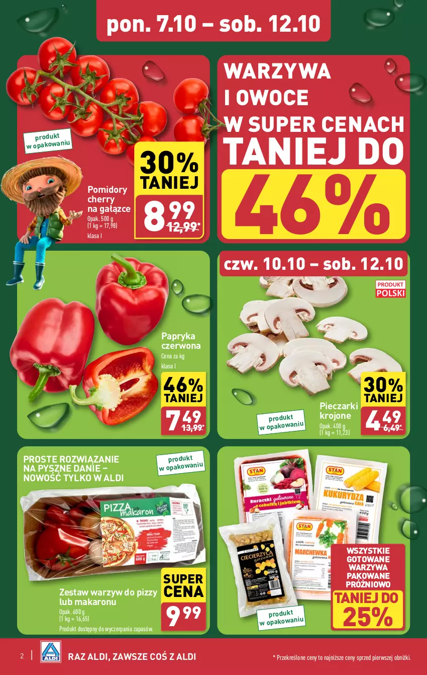 Gazetka promocyjna Aldi - Pełna oferta - ważna 07.10 do 12.10.2024 - strona 2 - produkty: Makaron, Owoce, Papryka, Papryka czerwona, Piec, Pieczarki krojone, Pomidory, Warzywa, Warzywa i owoce