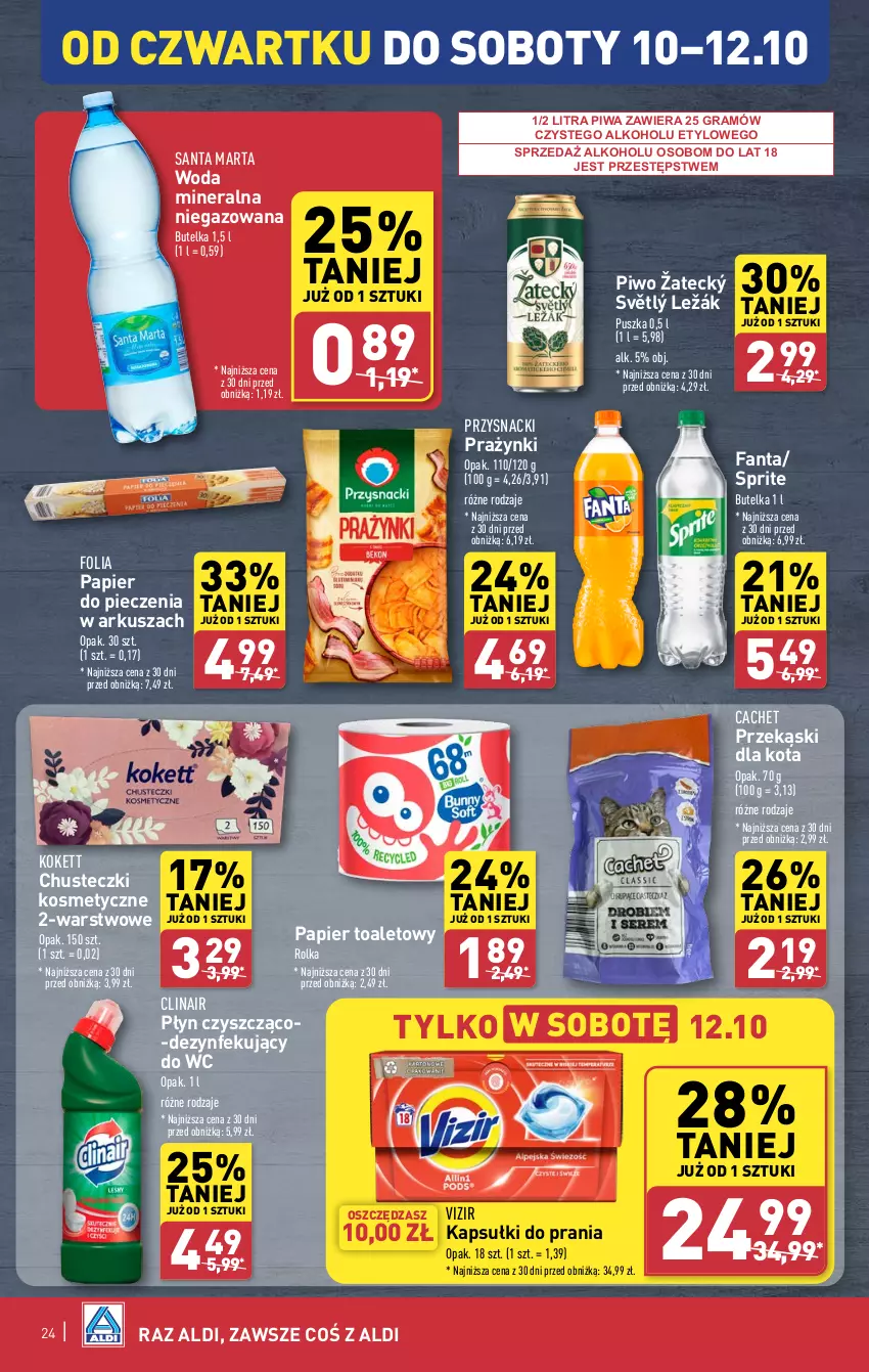 Gazetka promocyjna Aldi - Pełna oferta - ważna 07.10 do 12.10.2024 - strona 24 - produkty: Chusteczki, Chusteczki kosmetyczne, Clin, Fa, Fanta, Gra, Kapsułki do prania, Papier, Papier do pieczenia, Papier toaletowy, Piec, Piwa, Piwo, Przekąski dla kota, Przysnacki, Sprite, Vizir, Woda, Woda mineralna