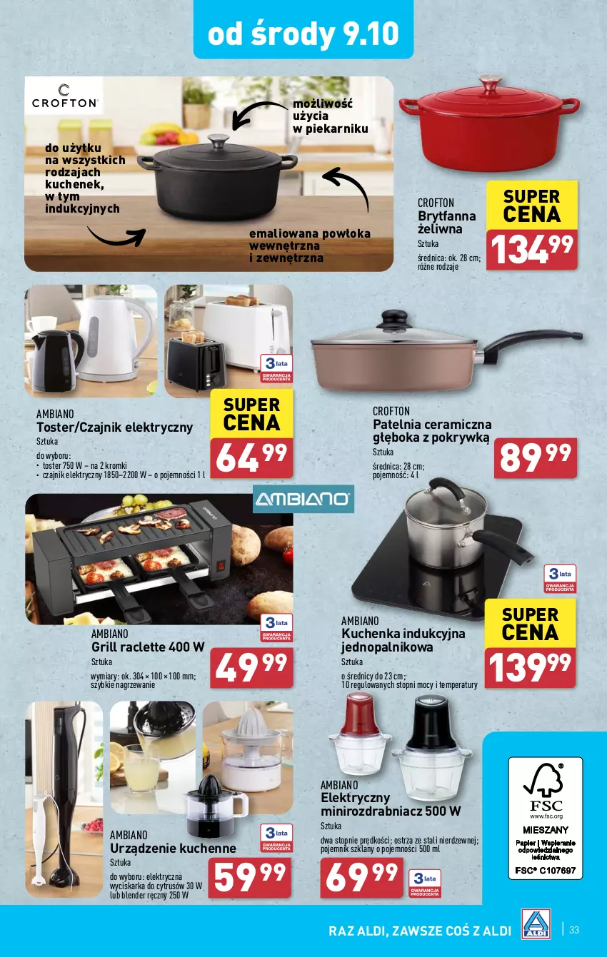 Gazetka promocyjna Aldi - Pełna oferta - ważna 07.10 do 12.10.2024 - strona 33 - produkty: Blender, Blender ręczny, Czajnik, Czajnik elektryczny, Fa, Grill, Patelnia, Patelnia ceramiczna, Piekarnik, Pojemnik, Pojemnik szklany, Rozdrabniacz, Top, Toster, Wyciskarka