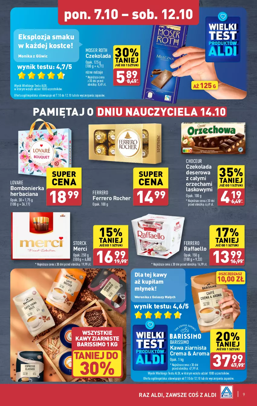 Gazetka promocyjna Aldi - Pełna oferta - ważna 07.10 do 12.10.2024 - strona 9 - produkty: Czekolada, Deser, Fa, Ferrero, Ferrero Rocher, Kawa, Kawa ziarnista, Merci, Mięta, Młynek, Moser Roth, Raffaello, Ser