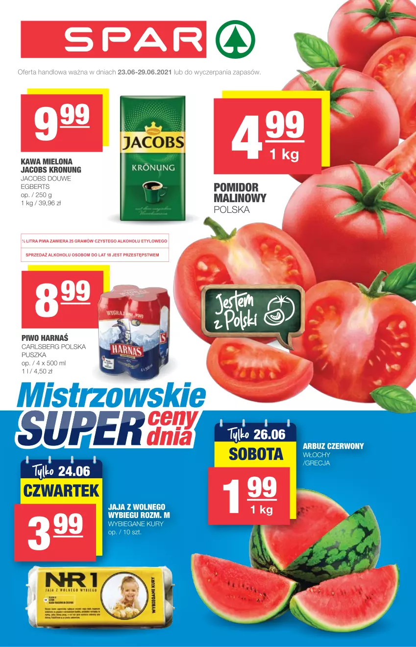 Gazetka promocyjna Spar - Express - ważna 23.06 do 29.06.2021 - strona 1 - produkty: Carlsberg, Jacobs, Jaja, Jaja z wolnego wybiegu, Kawa, Kawa mielona, Piwo