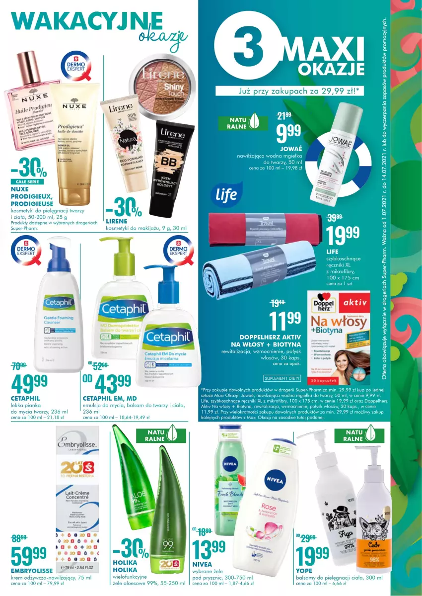 Gazetka promocyjna Super Pharm - Gazetka - ważna 01.07 do 14.07.2021 - strona 3 - produkty: Cetaphil, Doppelherz, Embryolisse, Emulsja, Emulsja do mycia, Fa, Kosmetyki do pielęgnacji, Lirene, Mgiełka do twarzy, Nuxe, Olej, Ręcznik, Yope