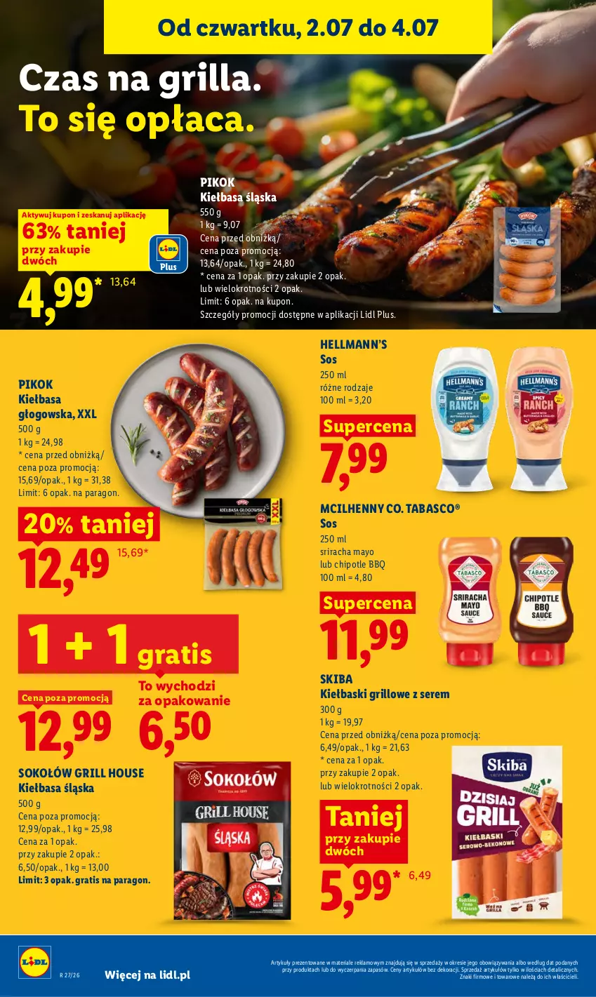 Gazetka promocyjna Lidl - Gazetka ważna od 2.07 do 4.07 - ważna 02.07 do 04.07.2026 - strona 44 - produkty: Gra, Grill, Hellmann’s, Kiełbasa, Kiełbasa głogowska, Kiełbasa śląska, PIKOK, Ser, Sok, Sokołów, Sos