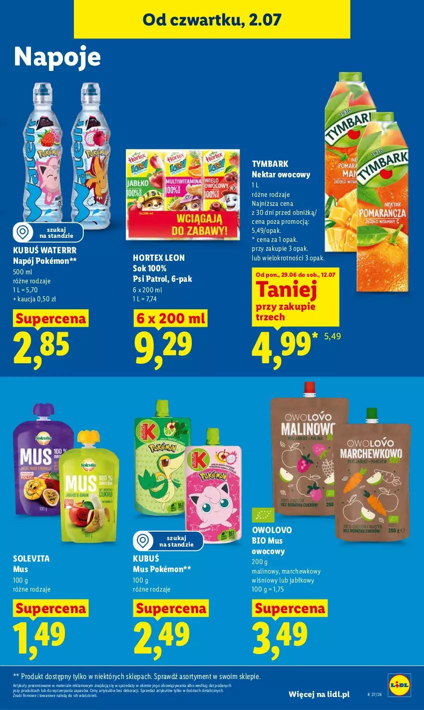 Gazetka promocyjna Lidl - Gazetka ważna od 2.07 do 4.07 - ważna 02.07 do 04.07.2026 - strona 59 - produkty: Hortex, Kubuś, Kubuś Waterrr, Leon, Mus, Napój, Napoje, Nektar, Pokémon, Psi Patrol, Sok, Tymbark