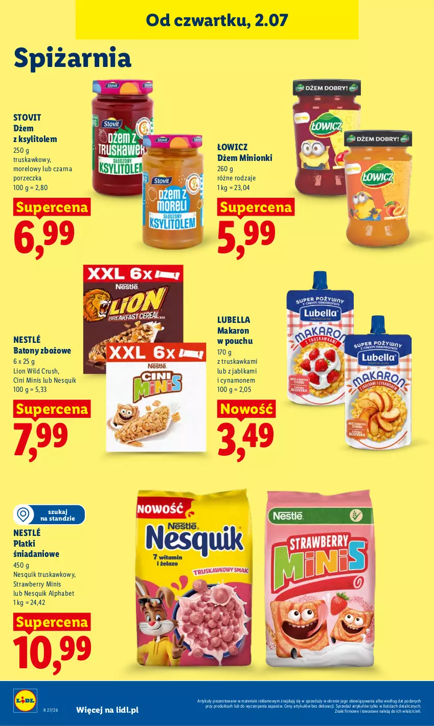 Gazetka promocyjna Lidl - Gazetka ważna od 2.07 do 4.07 - ważna 02.07 do 04.07.2026 - strona 78 - produkty: Baton, Bell, Bella, Cini Minis, Danio, Dżem, Jabłka, Ksylitol, Lion, Lubella, Makaron, Nesquik, Nestlé, Por