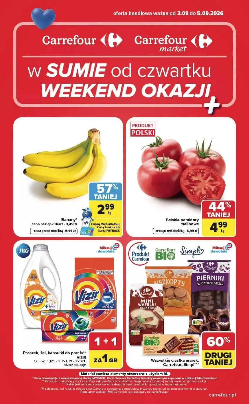 Gazetka promocyjna Carrefour - Gazetka Carrefour, Market w SUMIE od czwartku WEEKEND OKAZJI - ważna 03.09 do 05.09.2026 - strona 1 - produkty: Banany, Ciastka, Fa, Kakao, Kapsułki do prania, Piernik, Pierniki w czekoladzie, Pomidory