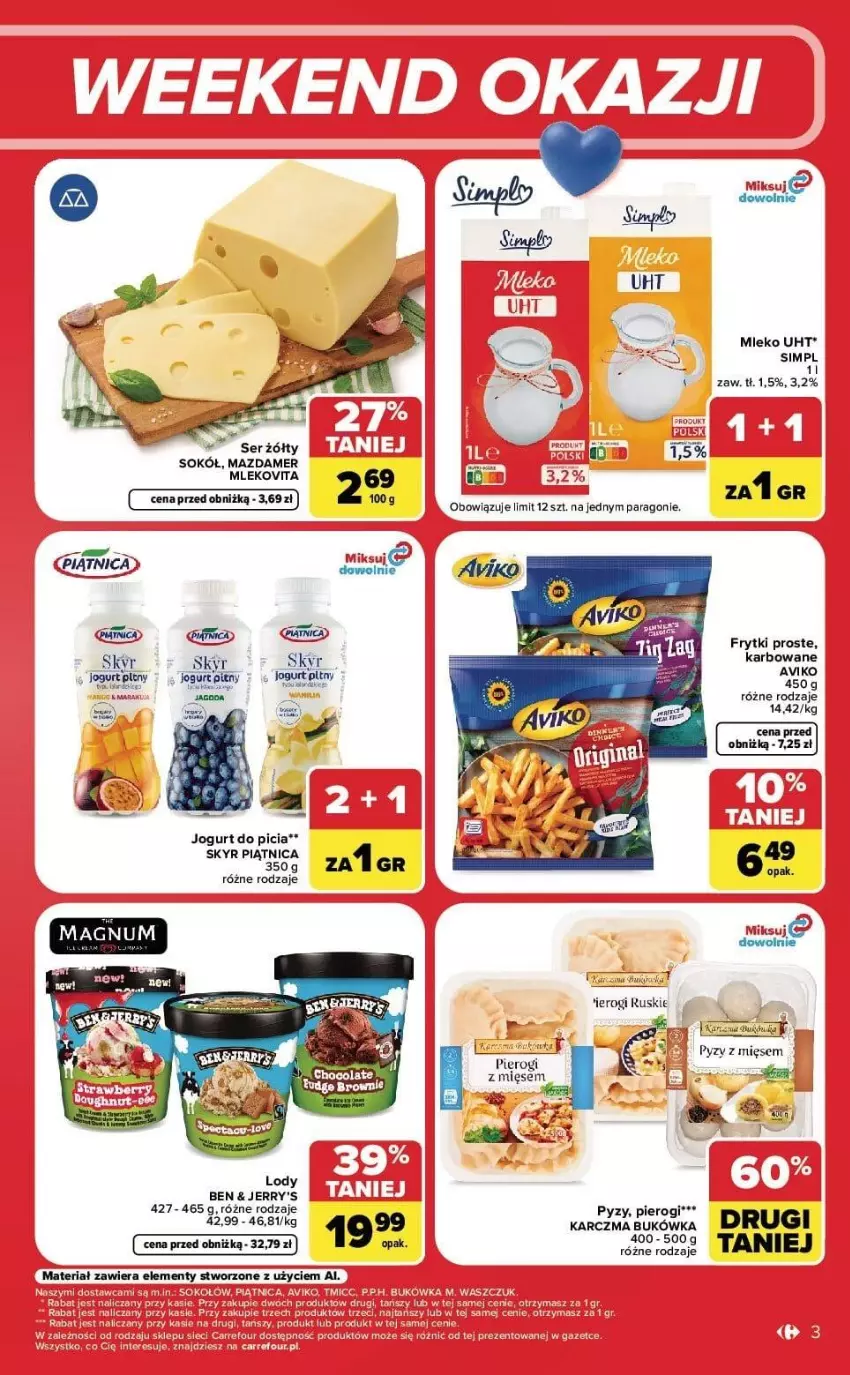 Gazetka promocyjna Carrefour - Gazetka Carrefour, Market w SUMIE od czwartku WEEKEND OKAZJI - ważna 03.09 do 05.09.2026 - strona 3 - produkty: Fa, Frytki, Jogurt, Jogurt pitny, LG, Mazdamer, Mleko, Mlekovita, Piątnica, Pierogi, Ser, Sok, Sokół, Sokołów