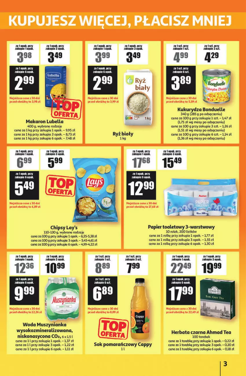Gazetka promocyjna Auchan - ATAC Hiper Discount - ważna 02.01 do 21.01.2026 - strona 3 - produkty: Bell, Bella, Cappy, Chipsy, Herbata, Herbata czarna, Kukurydza, Lubella, Makaron, Mus, Muszynianka, Papier, Papier toaletowy, Sok, Sok pomarańczowy, Woda