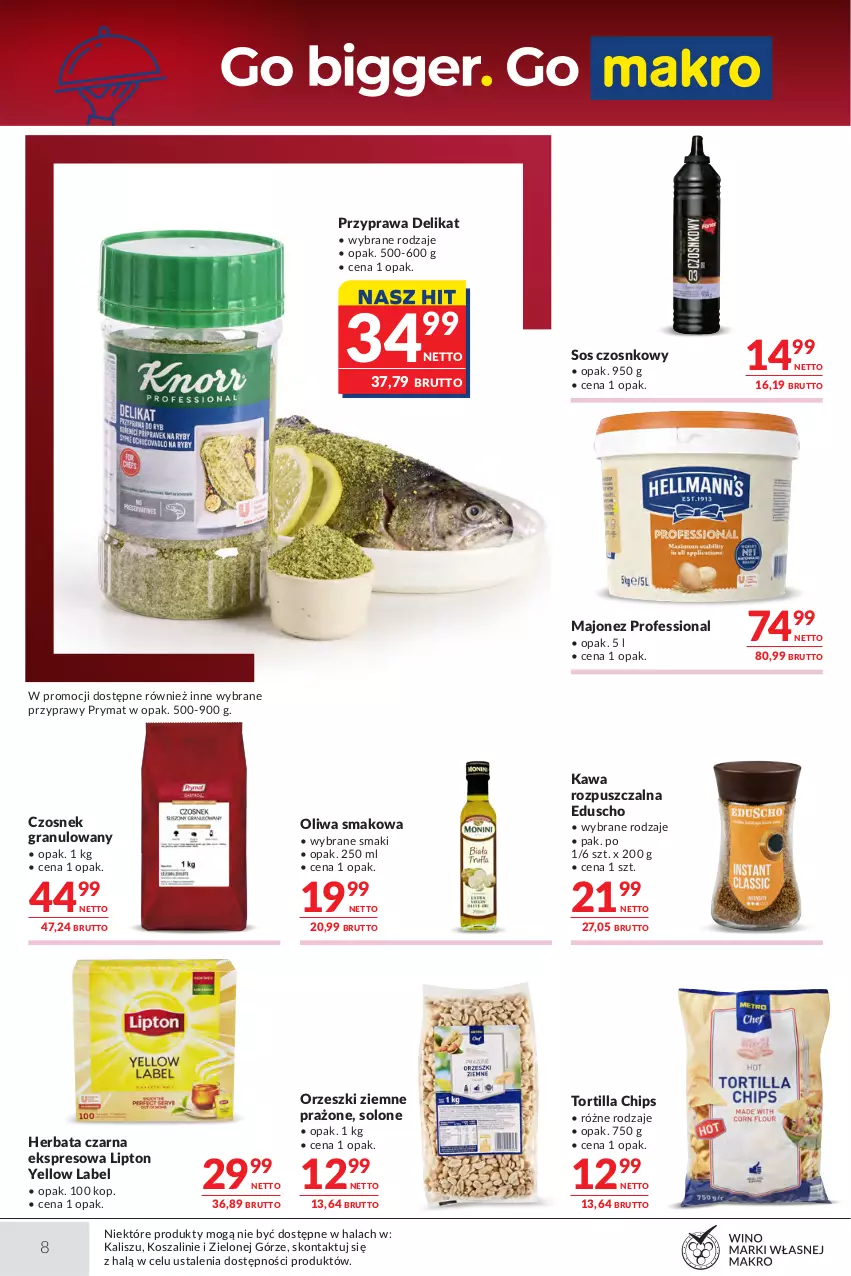 Gazetka promocyjna Makro - Oferta dla gastronomii - ważna 07.07 do 20.07.2026 - strona 8 - produkty: Czosnek, Czosnek granulowany, Gra, Herbata, Herbata czarna, Kawa, Kawa rozpuszczalna, Kosz, Lipton, Majonez, Oliwa, Orzeszki, Orzeszki ziemne, Prymat, Przyprawy, Sos, Sos czosnkowy, Szal, Tortilla, Tortilla Chips