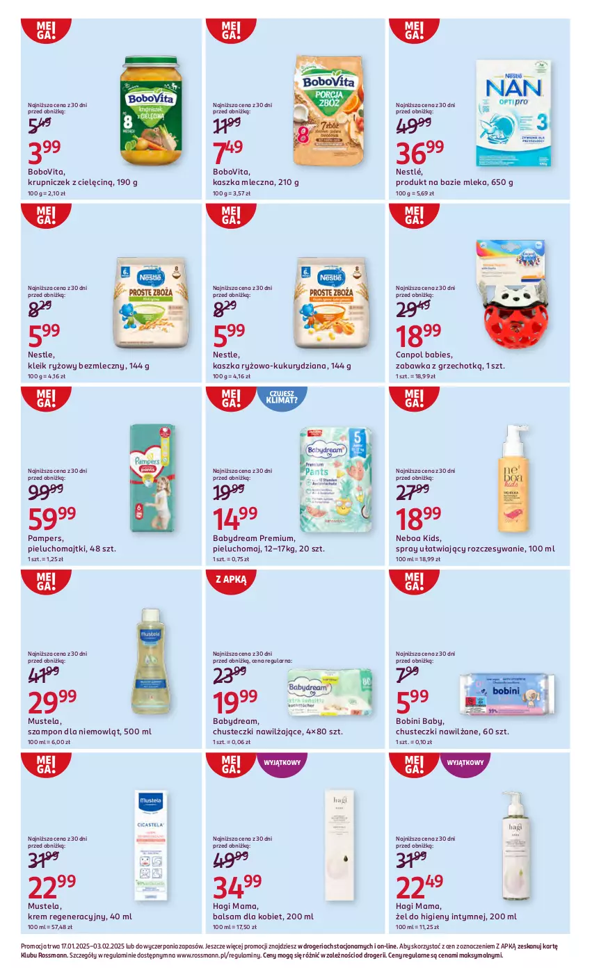 Gazetka promocyjna Rossmann - 16 stycznia - ważna 16.01 do 03.02.2025 - strona 13 - produkty: Babydream, BoboVita, Canpol, Chusteczki, Majtki, Mus, Mustela, Nestlé, Pampers, Pieluchomajtki, Ryż, Szampon, Zabawka
