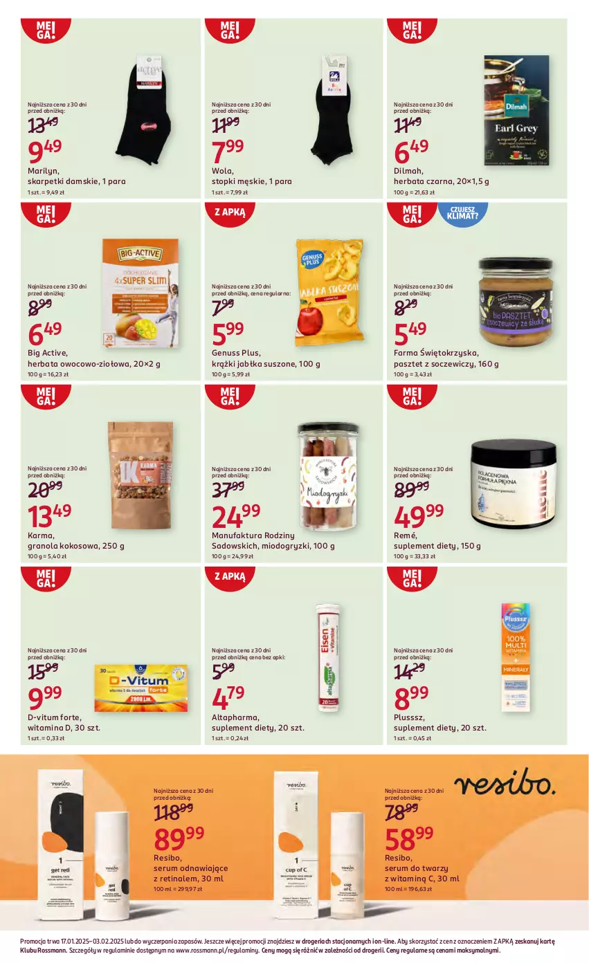 Gazetka promocyjna Rossmann - 16 stycznia - ważna 16.01 do 03.02.2025 - strona 14 - produkty: D-Vitum, Dilmah, Fa, Genuss Plus, Gra, Granola, Gry, Herbata, Herbata czarna, Jabłka, Karp, Kokos, Marilyn, Pasztet, Rum, Ser, Serum, Serum do twarzy, Skarpetki, Suplement diety, Top