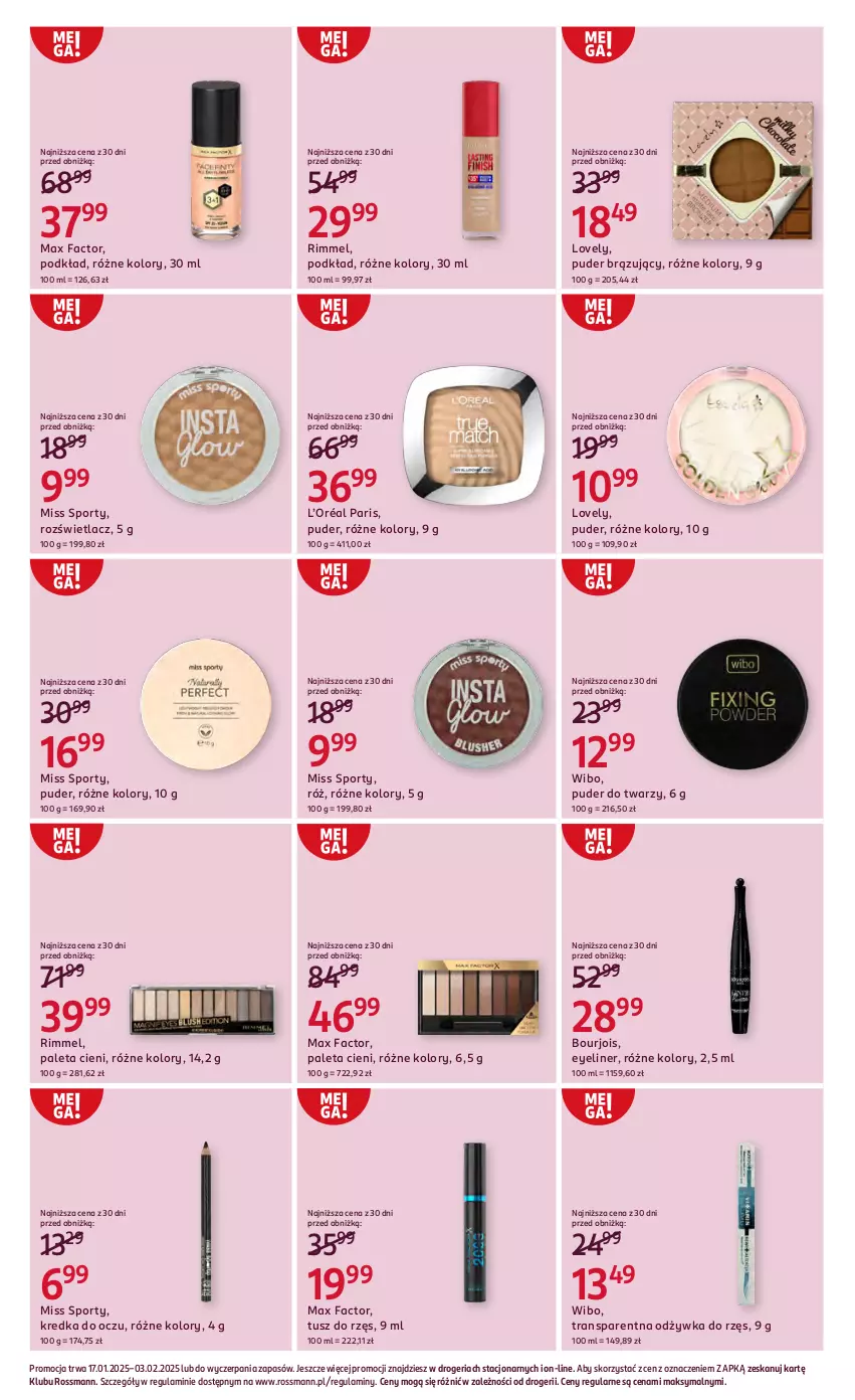 Gazetka promocyjna Rossmann - 16 stycznia - ważna 16.01 do 03.02.2025 - strona 4 - produkty: Bourjois, Fa, Kredka, L’Oréal, Lovely, Max Factor, Miss Sporty, Odżywka, Paleta, Podkład, Por, Puder, Puder do twarzy, Rozświetlacz, Sport, Tran, Tusz, Wibo