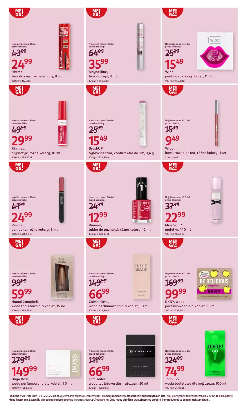 Gazetka promocyjna Rossmann - 16 stycznia - ważna 16.01 do 03.02.2025 - strona 5 - produkty: Bell, Calvin Klein, DKNY, Hugo Boss, JOOP!, Konturówka do ust, Lakier, Lakier do paznokci, Maybelline, Naomi Campbell, Peeling, Perfum, Tom Tailor, Tusz, Wibo, Woda, Woda perfumowana, Woda toaletowa