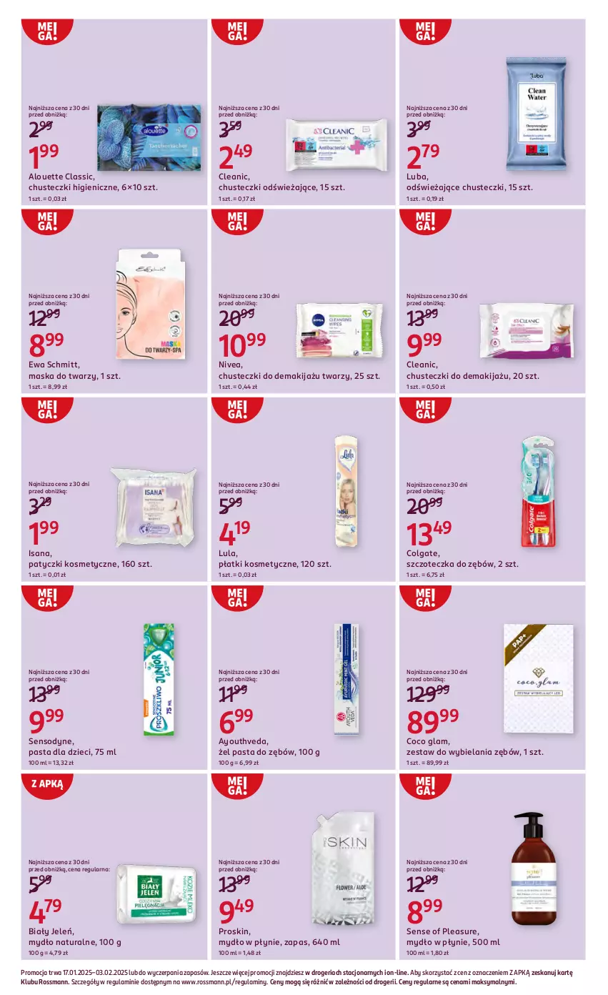 Gazetka promocyjna Rossmann - 16 stycznia - ważna 16.01 do 03.02.2025 - strona 6 - produkty: Alouette, Biały Jeleń, Chusteczki, Cleanic, Colgate, Dzieci, Ewa Schmitt, Isana, LG, Makijaż, Maska, Maska do twarzy, Mydło, Mydło w płynie, Nivea, Pasta do zębów, Patyczki kosmetyczne, Płatki kosmetyczne, Sensodyne, Szczoteczka, Szczoteczka do zębów