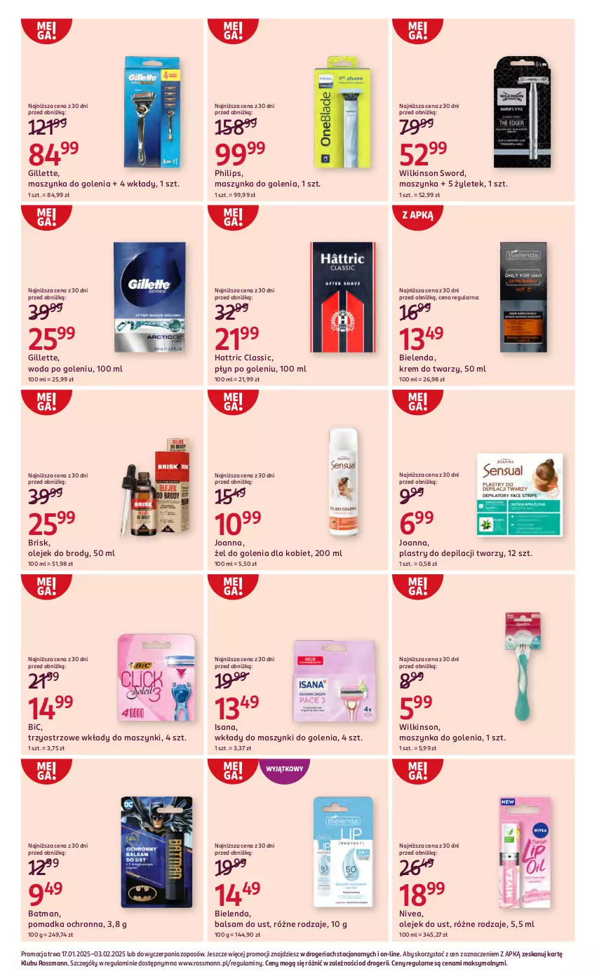 Gazetka promocyjna Rossmann - 16 stycznia - ważna 16.01 do 03.02.2025 - strona 9 - produkty: Balsam do ust, BIC, Bielenda, Gillette, Isana, Joanna, Krem do twarzy, Maszynka, Maszynka do golenia, Nivea, Olej, Philips, Plastry do depilacji, Szynka, Wilkinson Sword, Woda, Woda po goleniu