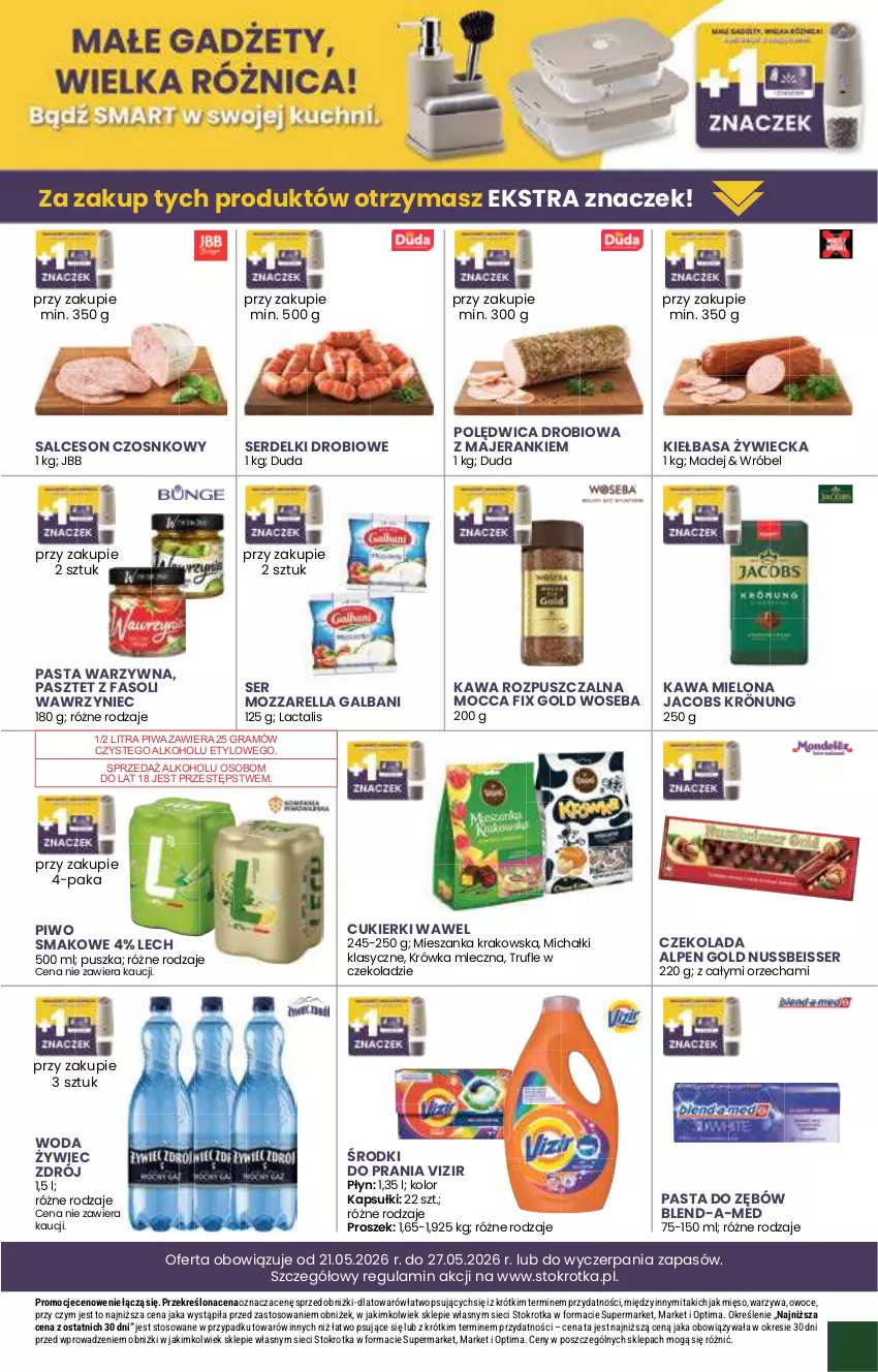 Gazetka promocyjna Stokrotka - Supermarket - ważna 21.05 do 27.05.2026 - strona 19 - produkty: Blend-a-Med, Cukier, Cukierki, Czekolada, Duda, Fa, Galbani, Gra, Jacobs, Jacobs Krönung, Kawa, Kawa mielona, Kawa rozpuszczalna, Kiełbasa, Michałki, Mięso, Mocca Fix Gold, Mozzarella, Optima, Owoce, Pasta do zębów, Pasta warzywna, Pasztet, Piwa, Piwo, Polędwica, Salceson, Ser, Serdelki, Vizir, Warzywa, Wawel, Woda, Woseba