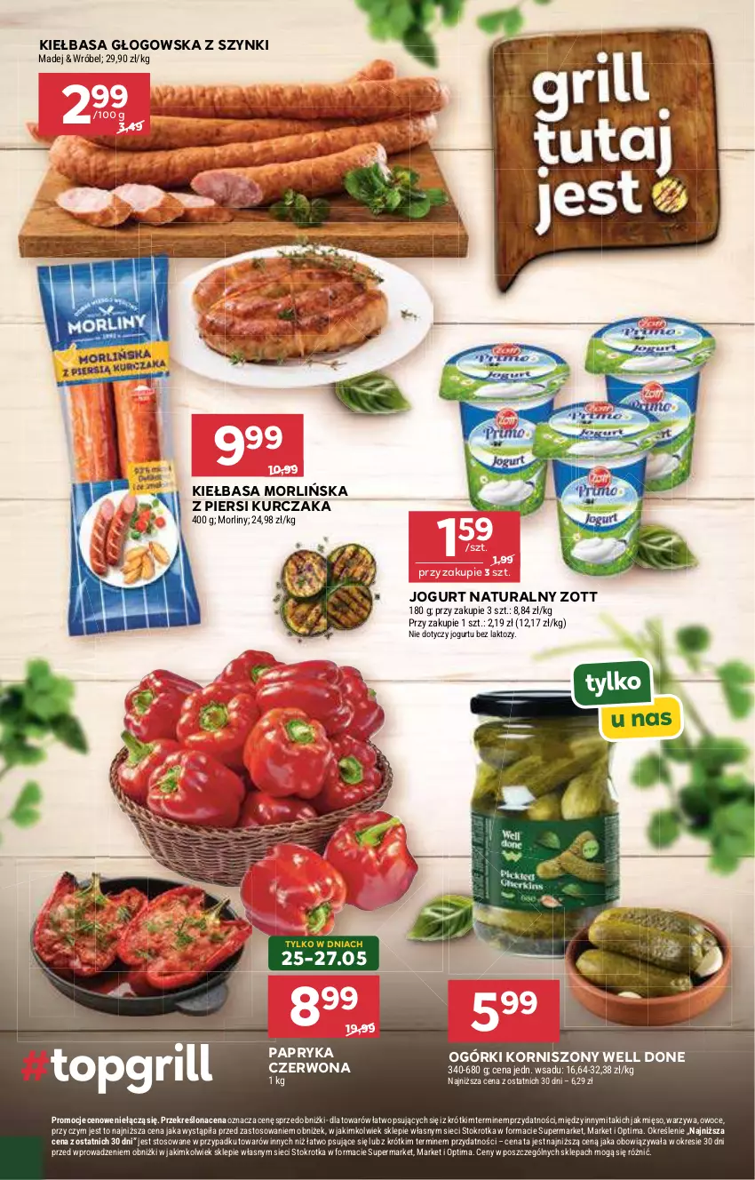 Gazetka promocyjna Stokrotka - Supermarket - ważna 21.05 do 27.05.2026 - strona 20 - produkty: Jogurt, Jogurt naturalny, Kiełbasa, Kiełbasa głogowska, Korniszony, Kurczak, Mięso, Morliny, Optima, Owoce, Papryka, Papryka czerwona, Warzywa, Zott