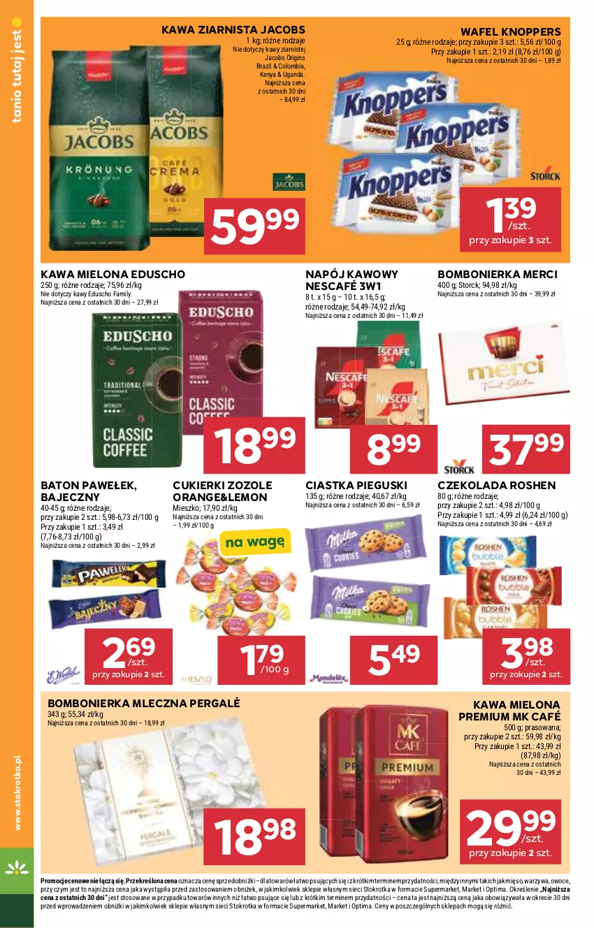 Gazetka promocyjna Stokrotka - Supermarket - ważna 21.05 do 27.05.2026 - strona 34 - produkty: Baton, Ciastka, Cukier, Cukierki, Czekolada, Fa, Gin, Jacobs, Kawa, Kawa mielona, Kawa ziarnista, Knoppers, Merci, Mięso, Napój, Nescafé, Optima, Owoce, Warzywa