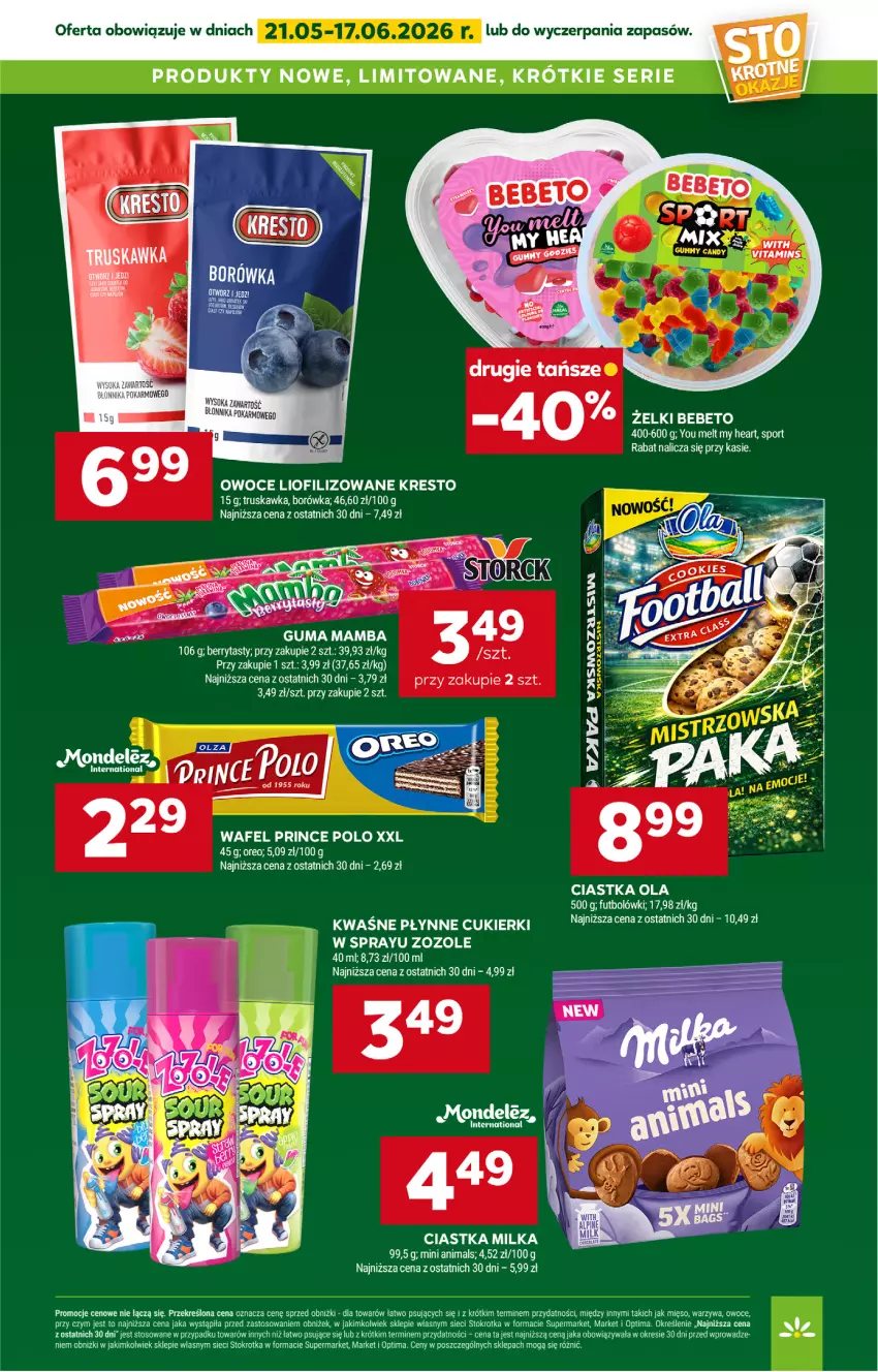 Gazetka promocyjna Stokrotka - Supermarket - ważna 21.05 do 27.05.2026 - strona 37 - produkty: Borówka, Ciastka, Cukier, Cukierki, Mamba, Mięso, Milka, Mop, Optima, Oreo, Owoce, Por, Prince Polo, Sok, Sport, Warzywa