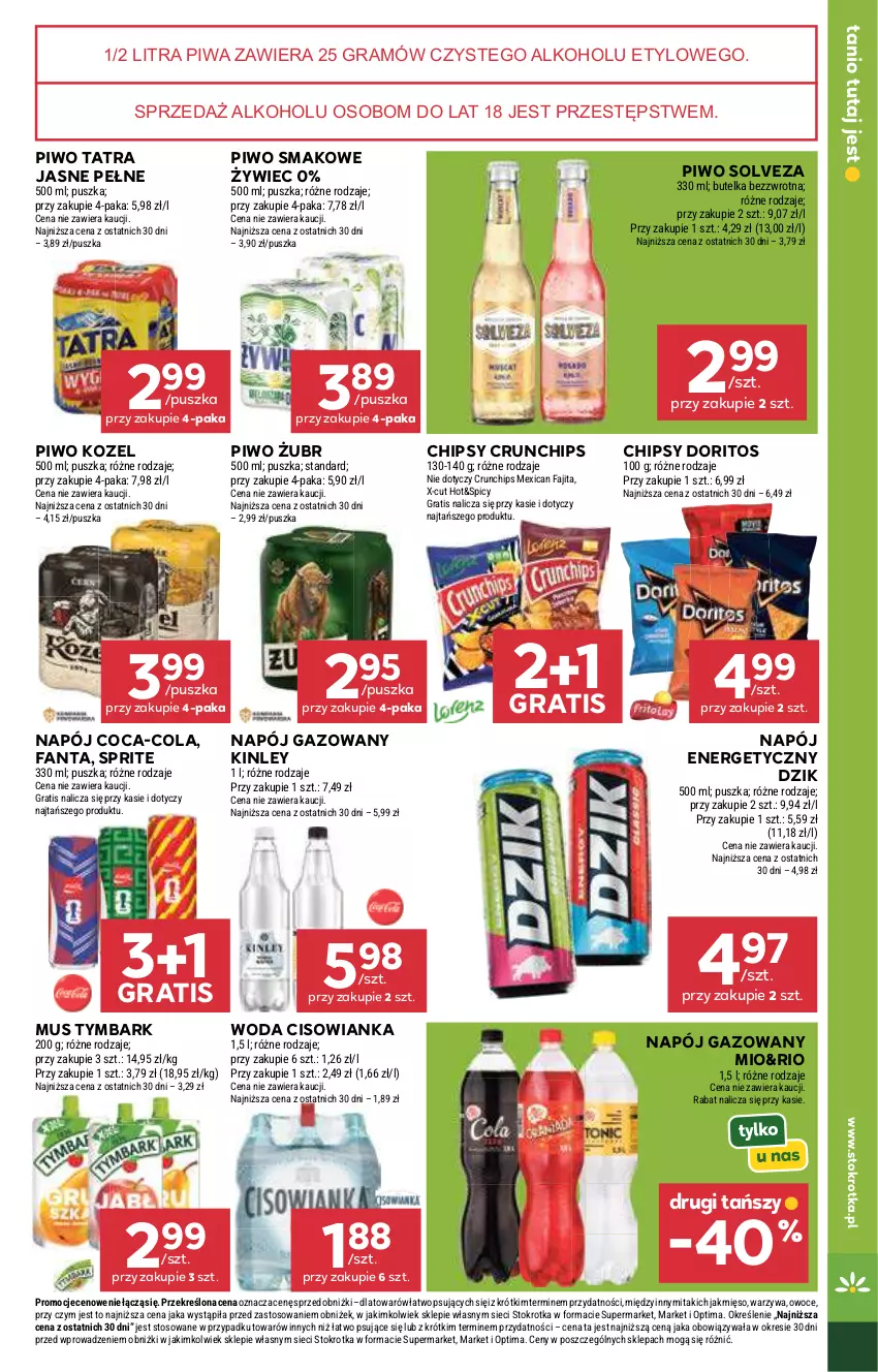 Gazetka promocyjna Stokrotka - Supermarket - ważna 21.05 do 27.05.2026 - strona 45 - produkty: Chipsy, Cisowianka, Coca-Cola, Crunchips, Fa, Fanta, Gra, Kozel, Mięso, Mus, Napój, Napój energetyczny, Napój gazowany, Optima, Owoce, Piwa, Piwo, Sprite, Tatra, Tymbark, Warzywa, Woda