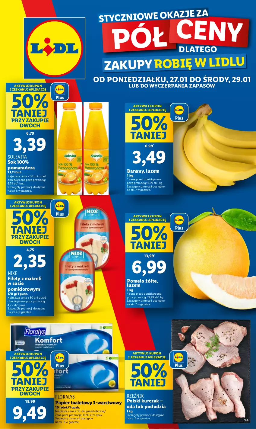 Gazetka promocyjna Lidl - GAZETKA - ważna 27.01 do 29.01.2025 - strona 1 - produkty: Banany, Flora, Kurczak, Papier, Papier toaletowy, Pomelo, Sok, Sos