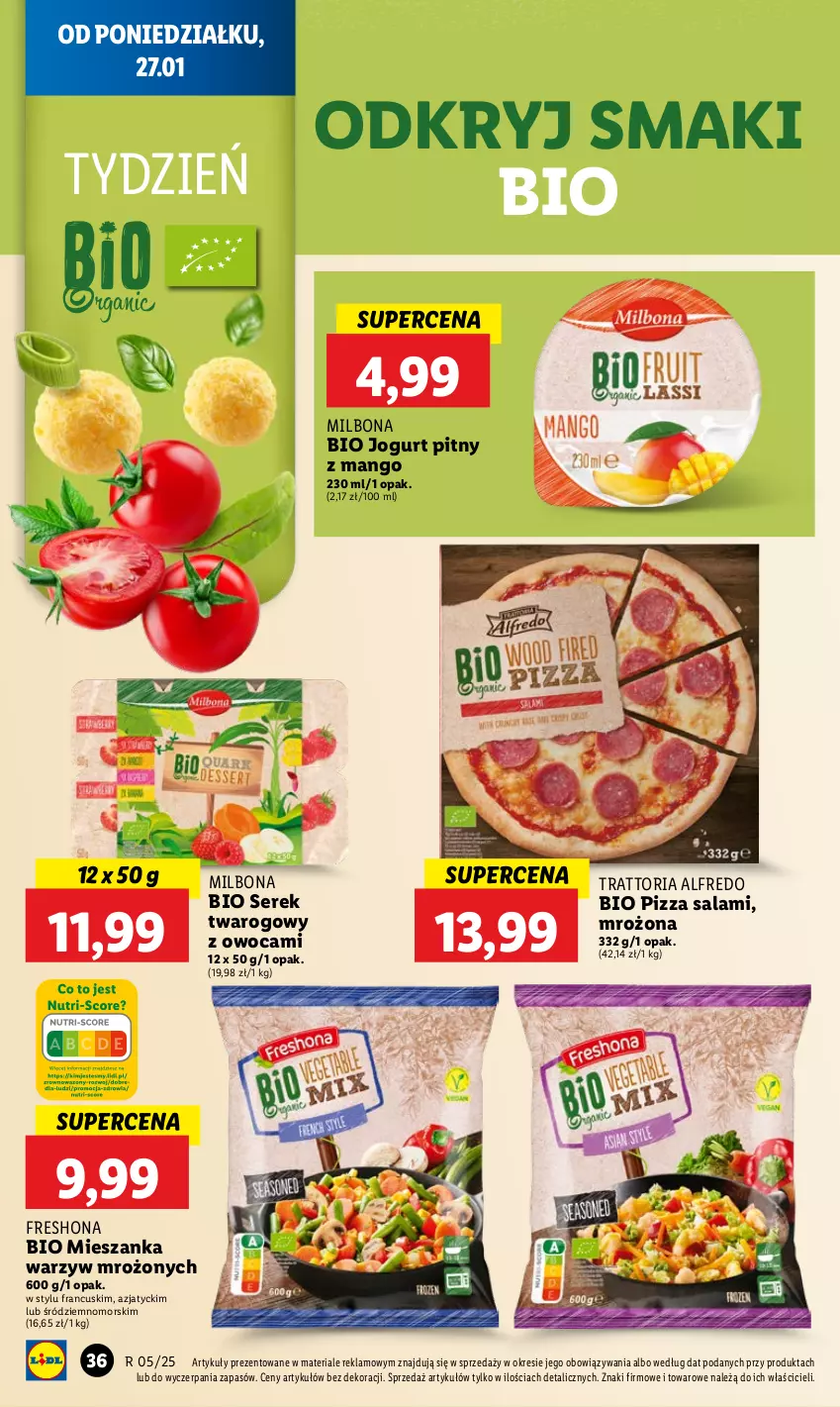 Gazetka promocyjna Lidl - GAZETKA - ważna 27.01 do 29.01.2025 - strona 36 - produkty: Jogurt, Jogurt pitny, Mango, Mieszanka warzyw, Pizza, Salami, Ser, Serek, Serek twarogowy