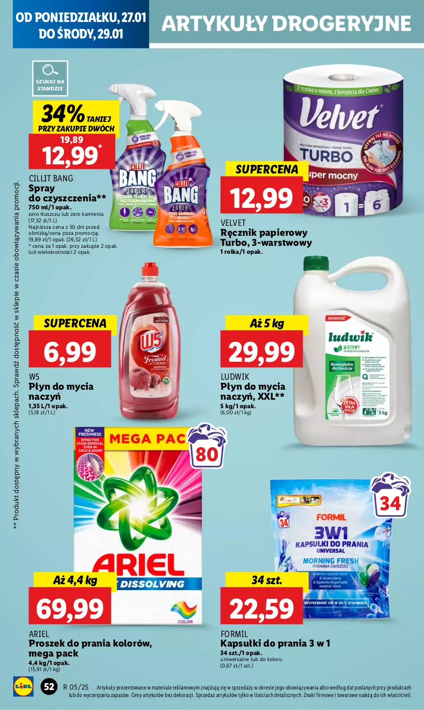 Gazetka promocyjna Lidl - GAZETKA - ważna 27.01 do 29.01.2025 - strona 58 - produkty: Ariel, Cillit Bang, Do mycia naczyń, Kapsułki do prania, Ludwik, Papier, Płyn do mycia, Płyn do mycia naczyń, Proszek do prania, Ręcznik, Spray do czyszczenia, Velvet