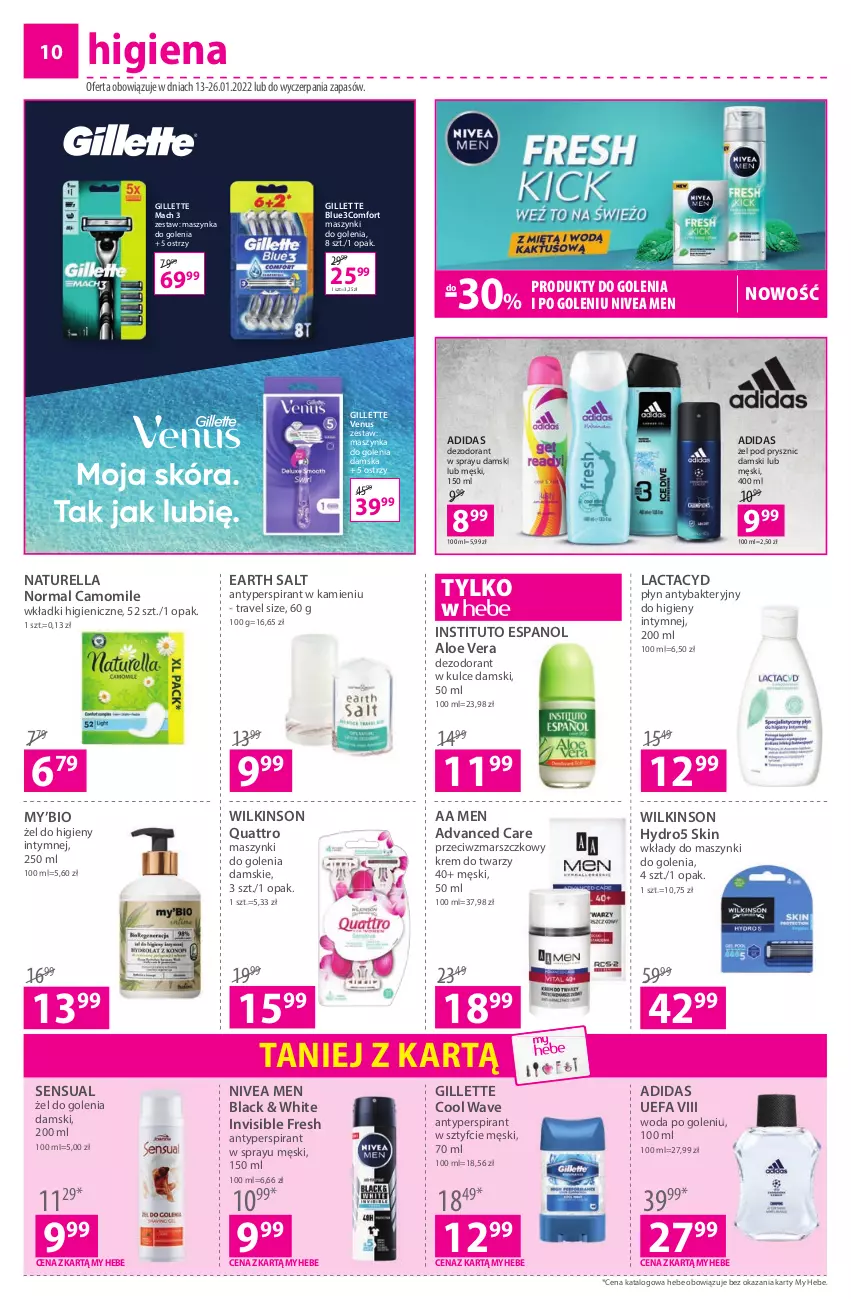 Gazetka promocyjna Hebe - Gazetka - ważna 13.01 do 26.01.2022 - strona 10 - produkty: Adidas, Advanced Care, Aloe vera, Antyperspirant, Dezodorant, Fa, Gillette, Gillette Venus, Krem do twarzy, Lack, Lactacyd, Mars, Maszynka, Maszynka do golenia, Naturell, Naturella, Nivea, Nivea Men, Sensual, Szynka, Venus, Wkładki, Woda, Woda po goleniu