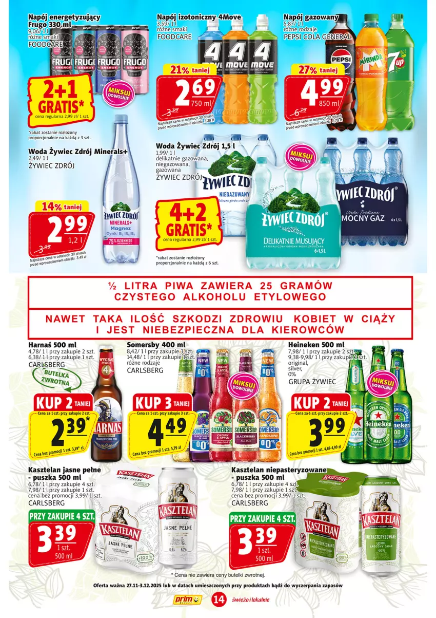 Gazetka promocyjna Prim Market - ważna 27.11 do 03.12.2025 - strona 14 - produkty: Carlsberg, Gin, Gra, Harnaś, Heineken, Kasztelan, Magnez, Mus, Napój, Piec, Piwa, Por, Somersby, Woda