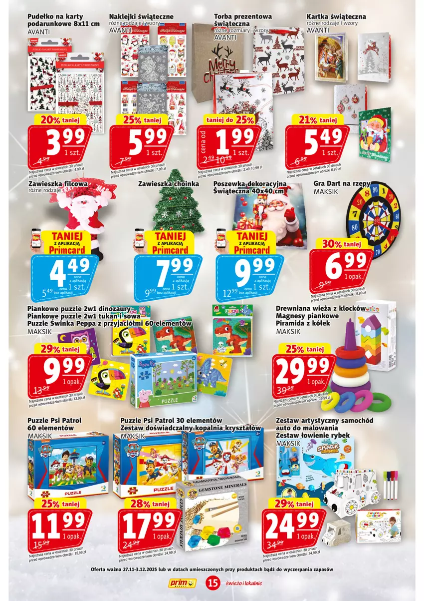 Gazetka promocyjna Prim Market - ważna 27.11 do 03.12.2025 - strona 15 - produkty: Choinka, Dinozaur, Inka, Klej, Poszewka, Psi Patrol, Pudełko, Puzzle, Samochód, Torba, Torba prezentowa