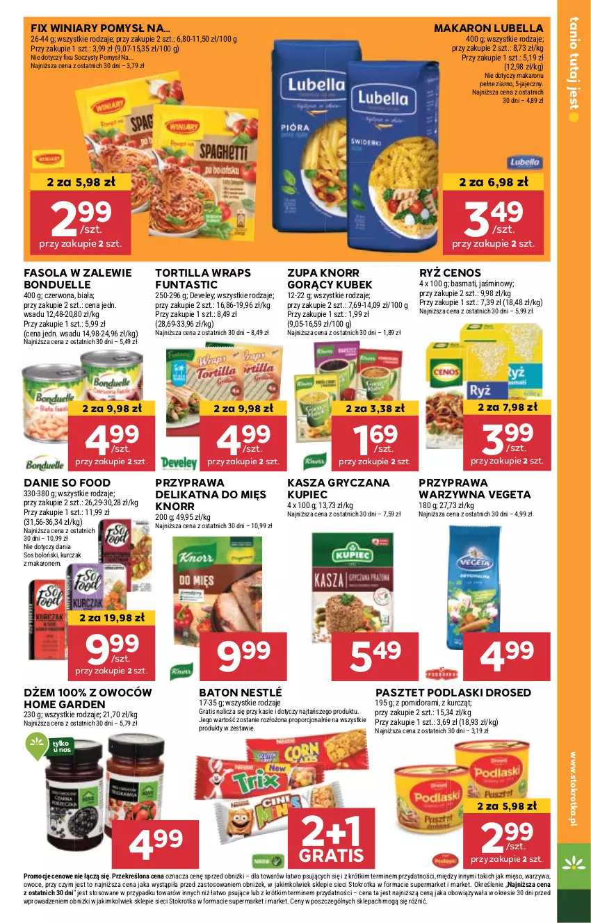 Gazetka promocyjna Stokrotka - Supermarket - ważna 23.04 do 28.04.2025 - strona 13 - produkty: Baton, Bell, Bella, Bonduelle, Cenos, Dżem, Fa, Fasola, Gra, Gry, Kasza, Kasza gryczana, Knorr, Kubek, Kupiec, Kurczak, Lubella, Makaron, Mięso, Nestlé, Owoce, Pasztet, Piec, Podlaski, Por, Ryż, So Food, Sos, Tortilla, Vegeta, Warzywa, Winiary, Zupa