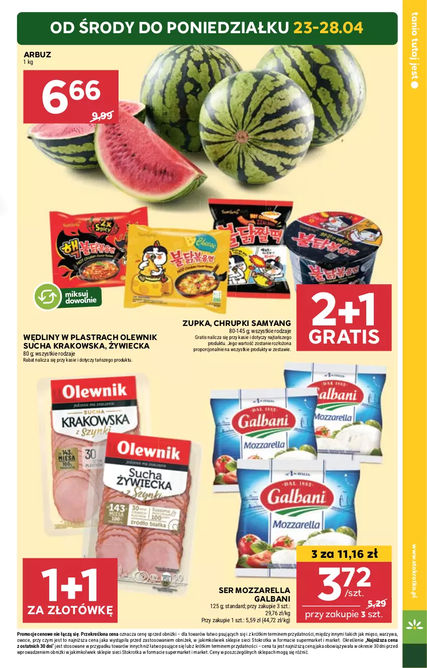 Gazetka promocyjna Stokrotka - Supermarket - ważna 23.04 do 28.04.2025 - strona 3 - produkty: Arbuz, Chrupki, Galbani, Gra, Mięso, Mozzarella, Olewnik, Owoce, Por, Ser, Warzywa