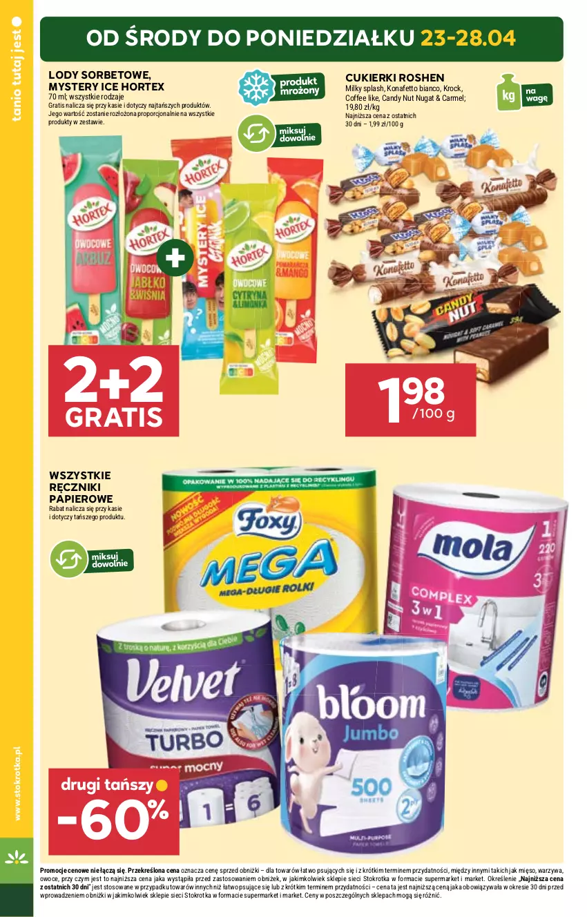 Gazetka promocyjna Stokrotka - Supermarket - ważna 23.04 do 28.04.2025 - strona 4 - produkty: Candy, Cukier, Cukierki, Gra, Hortex, Lody, Mięso, Owoce, Papier, Por, Ręcznik, Ręczniki papierowe, Warzywa