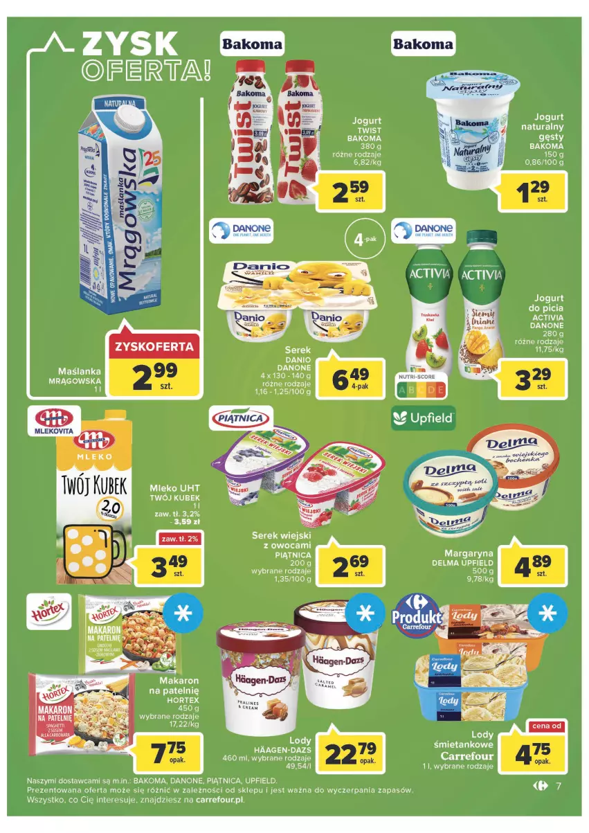 Gazetka promocyjna Carrefour - Gazetka Market - ważna 28.06 do 02.07.2022 - strona 7 - produkty: Activia, Bakoma, Danone, Delma, Hortex, Inka, Jogurt, Jogurt naturalny, Kiwi, Kubek, Makaron, Margaryna, Maślanka, Mleko, Piątnica, Ser, Serek, Serek wiejski, Spaghetti