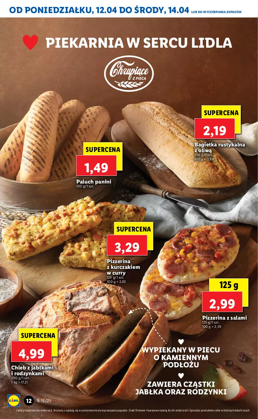 Gazetka promocyjna Lidl - GAZETKA - ważna 12.04 do 14.04.2021 - strona 12 - produkty: Bagietka, Chleb, Jabłka, Kurczak, Piec, Pizzerina, Rodzynki, Rust, Salami, Ser