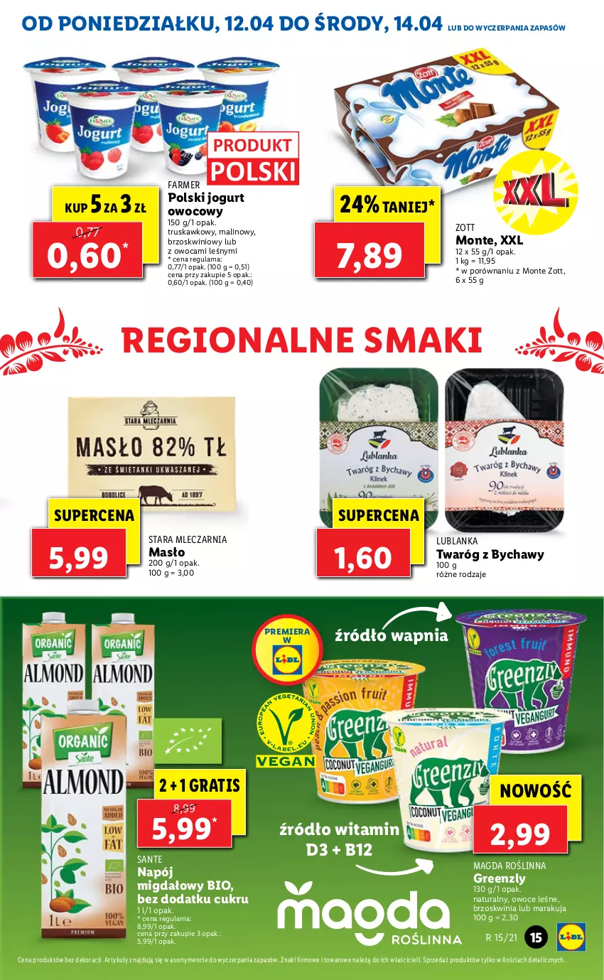 Gazetka promocyjna Lidl - GAZETKA - ważna 12.04 do 14.04.2021 - strona 15 - produkty: Fa, Gra, Jogurt, Jogurt owocowy, Masło, Monte, Napój, Owoce, Por, Sante, Twaróg, Zott