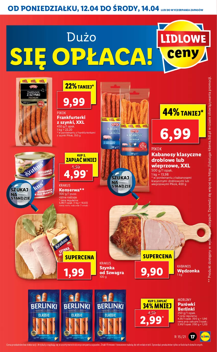 Gazetka promocyjna Lidl - GAZETKA - ważna 12.04 do 14.04.2021 - strona 17 - produkty: Berlinki, Frankfurterki, Gra, Kabanos, Krakus, Morliny, Parówki, PIKOK, Por, Ser, Szynka