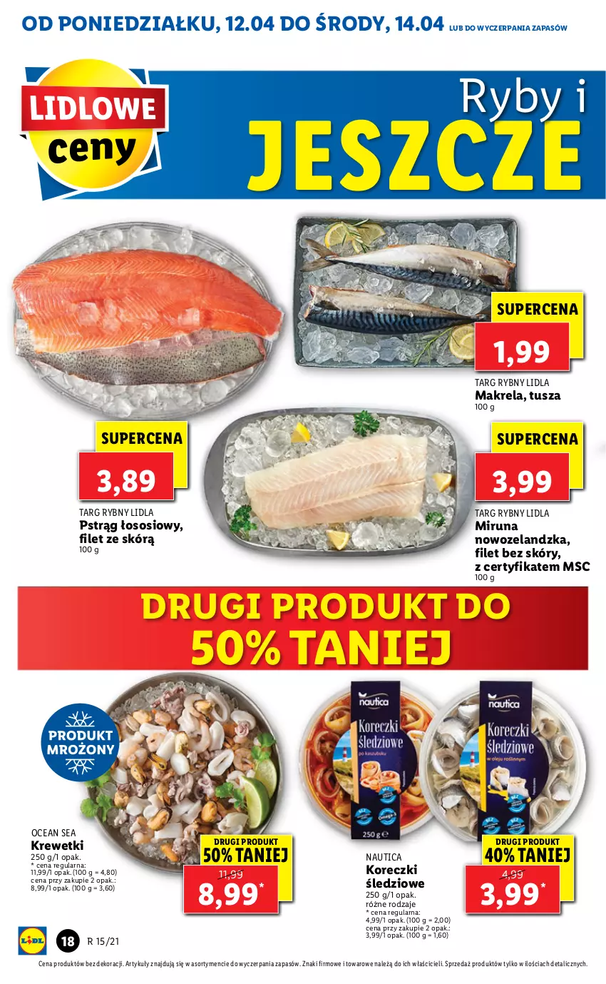 Gazetka promocyjna Lidl - GAZETKA - ważna 12.04 do 14.04.2021 - strona 18 - produkty: Koreczki śledziowe, Krewetki, Miruna, Pstrąg, Pstrąg łososiowy, Sos, Tusz