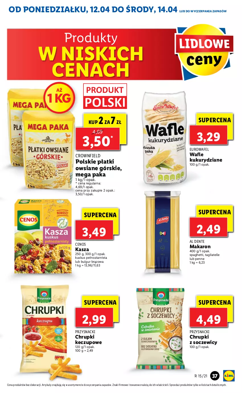 Gazetka promocyjna Lidl - GAZETKA - ważna 12.04 do 14.04.2021 - strona 37 - produkty: Bulgur, Cenos, Chrupki, Kasza, Kuskus, LG, Makaron, Penne, Płatki owsiane, Przysnacki, Spaghetti, Tagliatelle