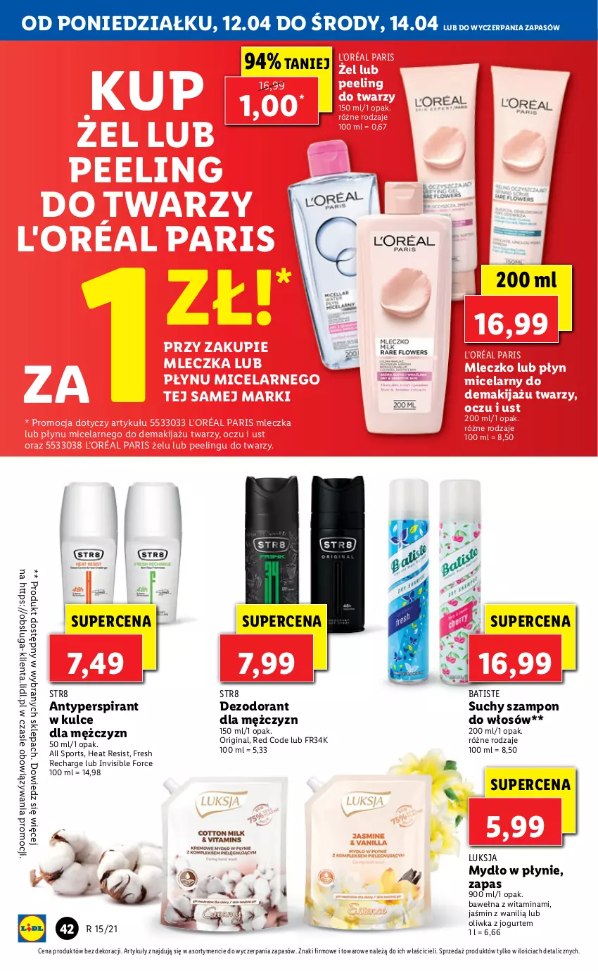 Gazetka promocyjna Lidl - GAZETKA - ważna 12.04 do 14.04.2021 - strona 42 - produkty: Antyperspirant, Batiste, Dezodorant, Gin, Jogurt, L’Oréal, Luksja, Makijaż, Mleczko, Mydło, Mydło w płynie, Peeling, Płyn micelarny, Por, Sport, Str8, Suchy szampon, Szampon, Wełna