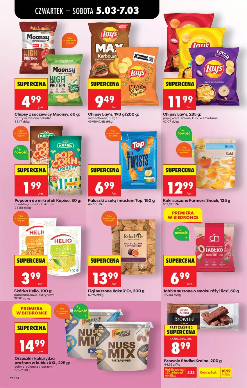 Gazetka promocyjna Biedronka - Od Czwartku - ważna 05.03 do 11.03.2026 - strona 64 - produkty: Brownie, Burger, Cheddar, Chipsy, Czekolada, Fa, Figi, Helio, Jabłka, Kaki, Kukurydza, Kupiec, Liczi, Orzeszki, Piec, Pieprz, Popcorn, Top
