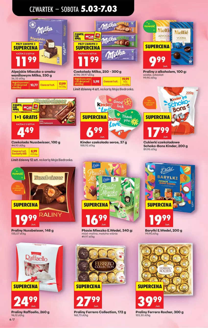 Gazetka promocyjna Biedronka - Od Czwartku - ważna 05.03 do 11.03.2026 - strona 8 - produkty: Alkohole, Baryłki, Cukier, Cukierki, Cukierki czekoladowe, Czekolada, Fa, Ferrero, Ferrero Rocher, Kinder, Milka, Miód, Mleczko, Praliny, Ptasie mleczko, Raffaello, Ser, Wódka