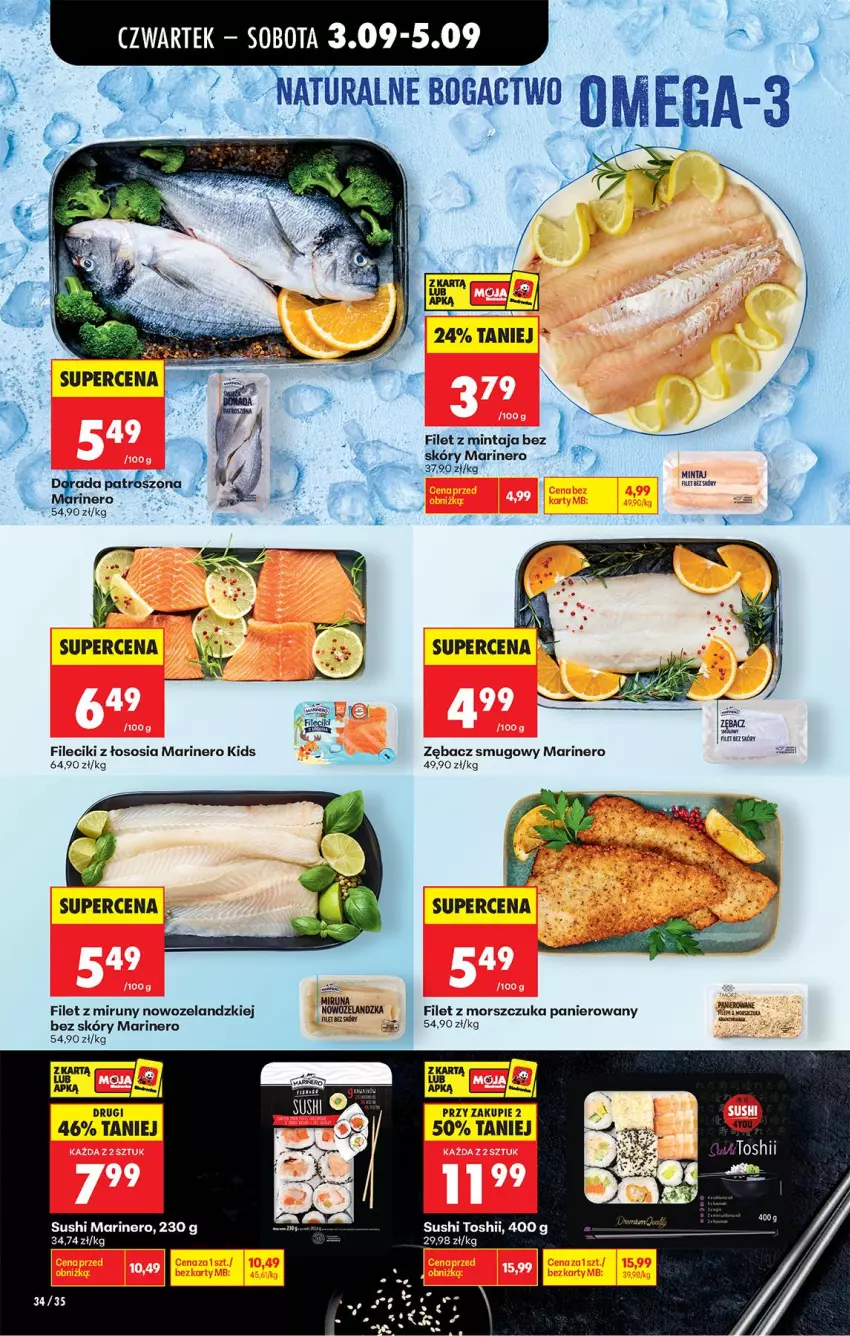 Gazetka promocyjna Biedronka - Od Czwartku - ważna 03.09 do 05.09.2026 - strona 38 - produkty: Filet z mintaja, Filet z morszczuka, Mintaj, Miruna, Sos, Sushi