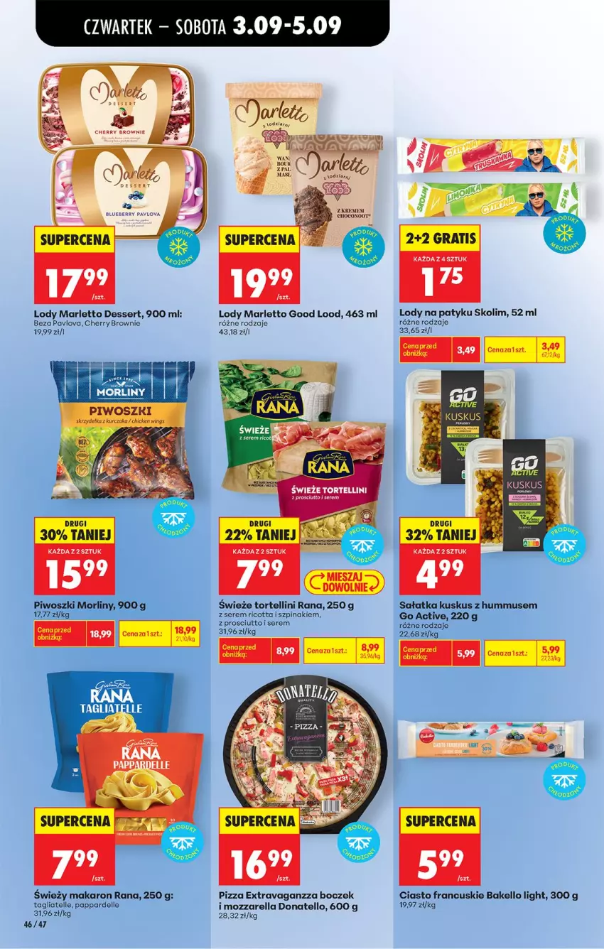 Gazetka promocyjna Biedronka - Od Czwartku - ważna 03.09 do 05.09.2026 - strona 52 - produkty: Boczek, Brownie, Ciasto francuskie, Dell, Gra, Hummus, Kurczak, Kuskus, Lody, Makaron, Morliny, Mozzarella, Mus, Piwo, Pizza, Prosciutto, Ricotta, Sałat, Sałatka, Ser, Skrzydełka z kurczaka, Szpinak, Tagliatelle