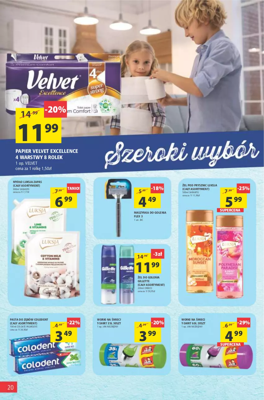 Gazetka promocyjna Arhelan - Gazetka - ważna 11.03 do 20.03.2022 - strona 20 - produkty: BIC, Colgate, Gillette, Jan Niezbędny, LG, Luksja, Maszynka, Maszynka do golenia, Mydło, Palmolive, Papier, Pasta do zębów, Szynka, T-shirt, Velvet, Worki na śmiec, Worki na śmieci