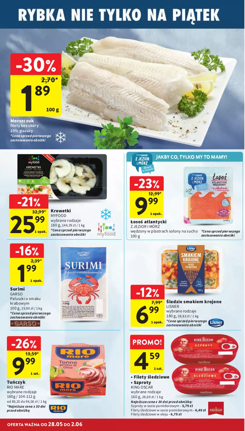 Gazetka promocyjna Intermarche - Gazetka promocyjna - ważna 28.05 do 02.06.2026 - strona 32 - produkty: Krewetki, Lazur, Lisner, Olej, Rio Mare, Sos, Surimi, Szprot, Tuńczyk